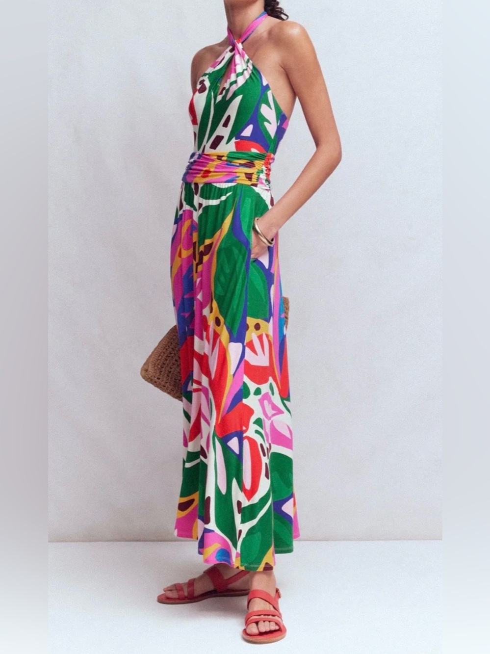 Boden Sydney Green & Multicolor Twist Halter Maxi Dress